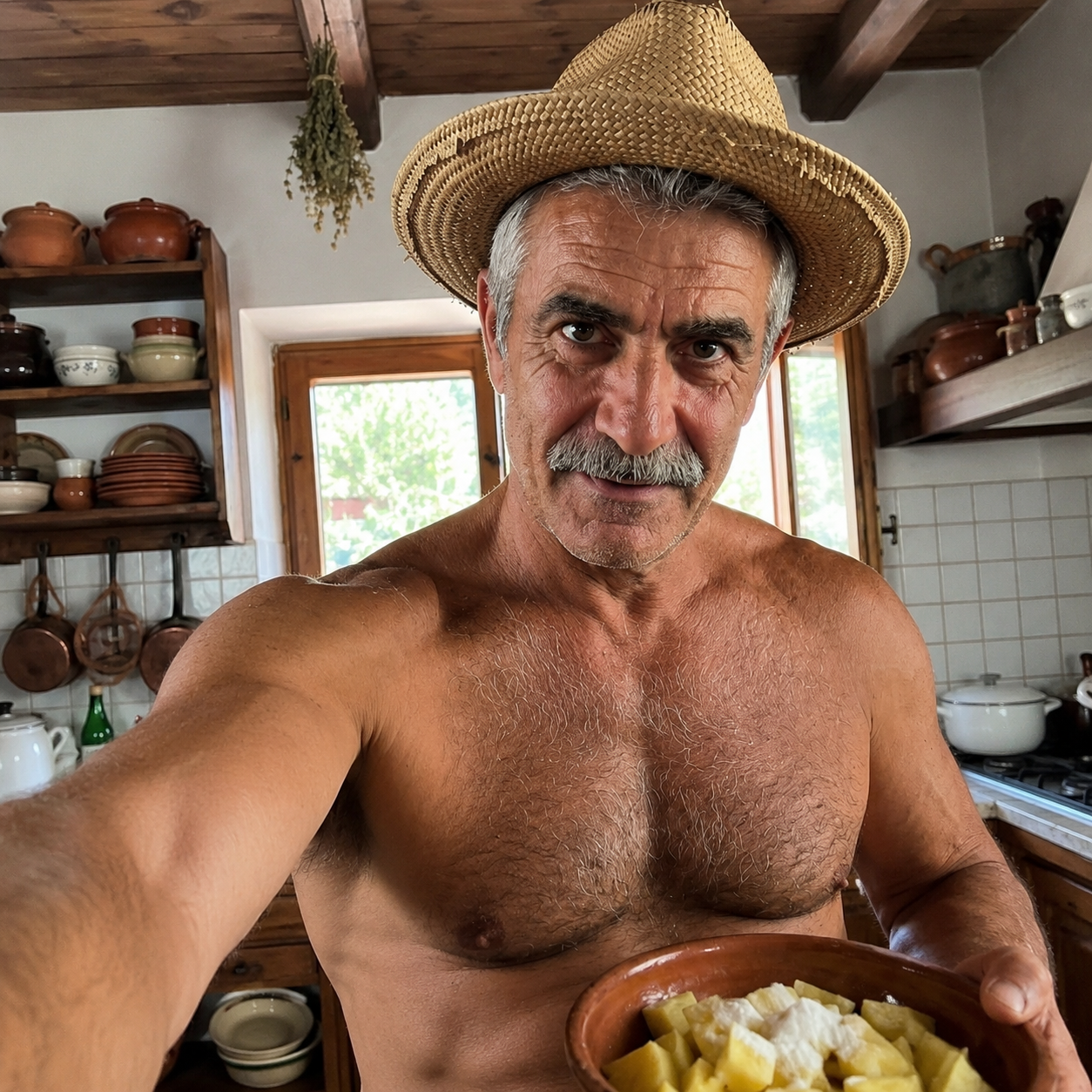 Luca Verdesani con il cappello di paglia nella sua cucina di campagna